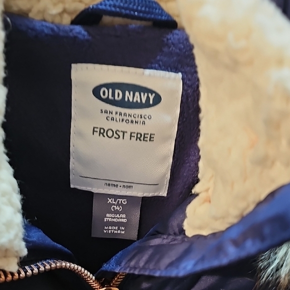 Old Navy Girl's Navy Fleece Quilted Jacket with Faux Fur Hood Size XLarge (14) - Picture 2 of 9